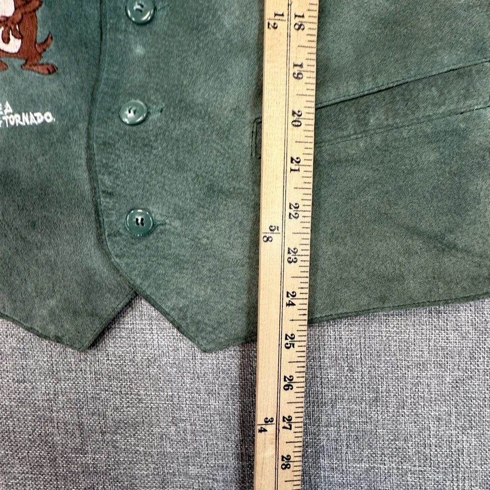 Vintage Looney Tunes Taz Vest Mens Medium Slim Fit Green Suede Leather 90s Biker